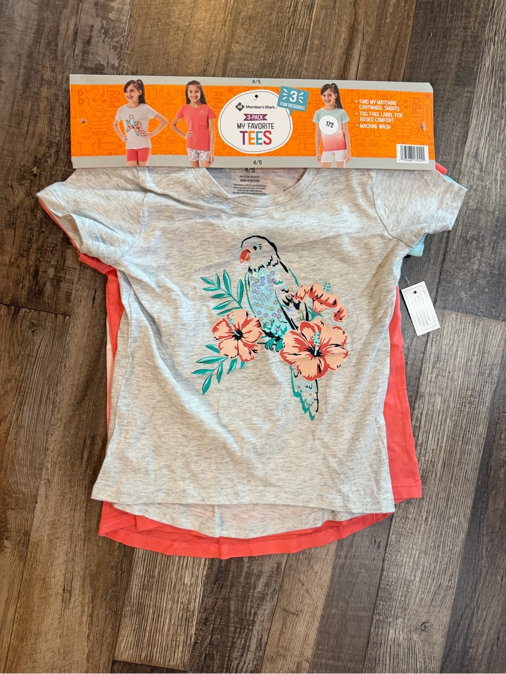 Girls' Short Sleeve Parrot Graphic Tee - Coral & Heather Gray Sz 4/5